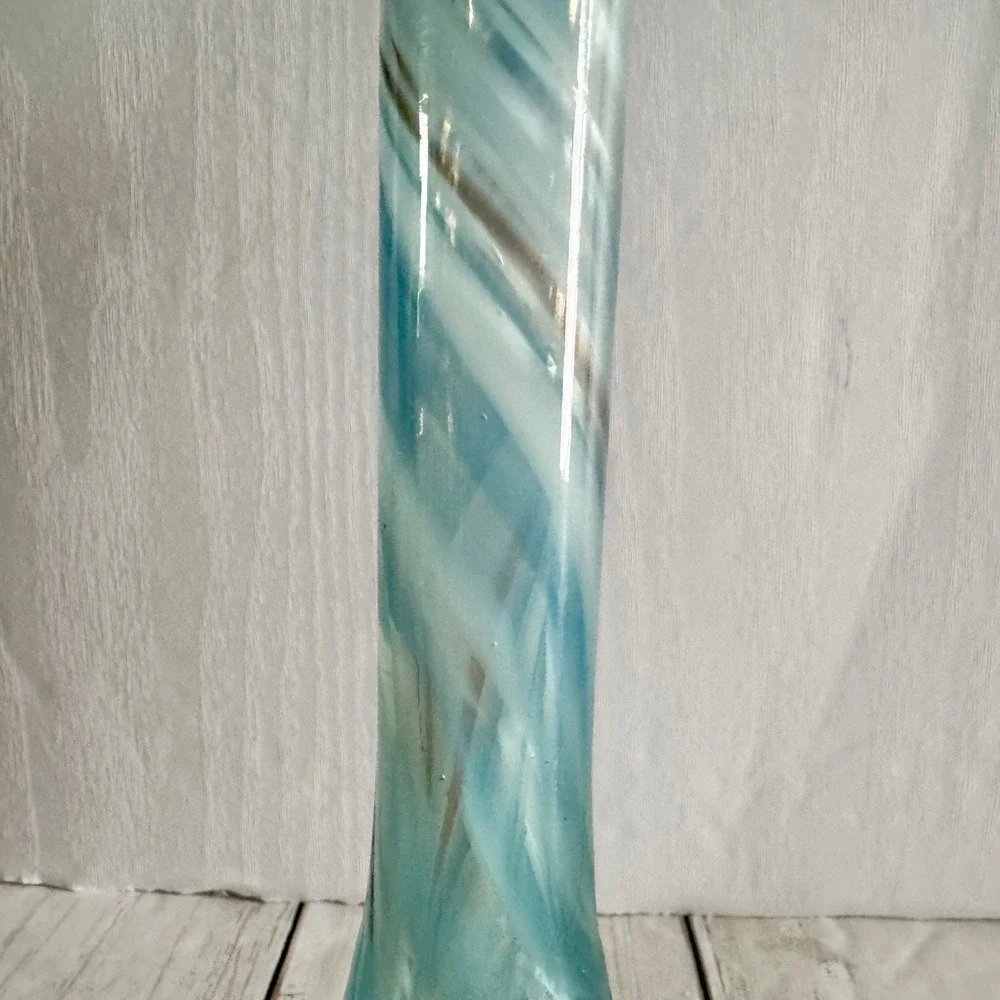 Art Glass Bud Vase Aqua Teal White Swirl Hand Blown Ruffled Rim 7.5 inch